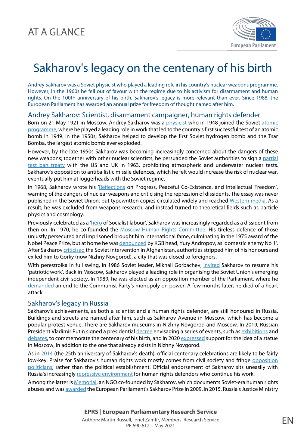 Sakharov's Legacy on the Centenary of His Birth