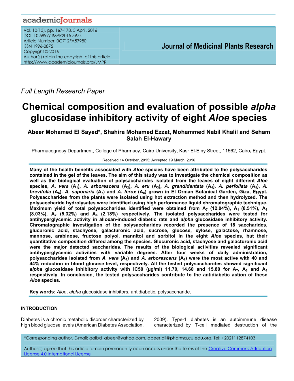 Chemical Composition and Evaluation of Possible Alpha Glucosidase Inhibitory Activity of Eight Aloe Species