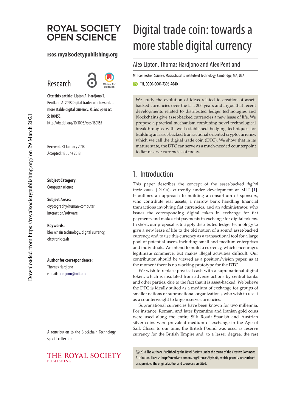 Digital Trade Coin: Towards a More Stable Digital Currency Rsos.Royalsocietypublishing.Org Alex Lipton, Thomas Hardjono and Alex Pentland