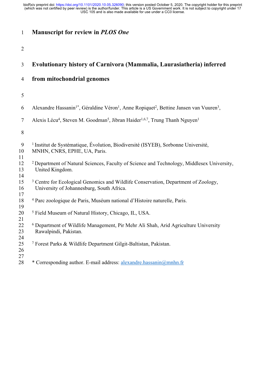 Evolutionary History of Carnivora (Mammalia, Laurasiatheria) Inferred