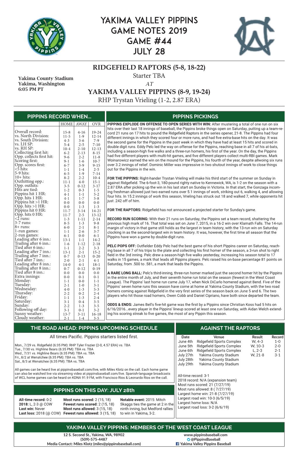 Yakima Valley Pippins Game Notes 2019 Game #44 July 28