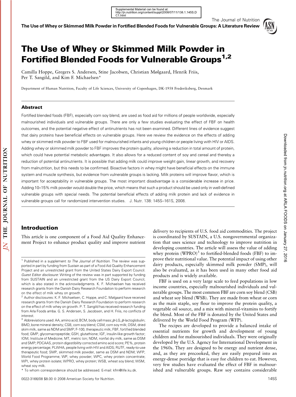 The Use of Whey Or Skimmed Milk Powder in Fortified Blended Foods