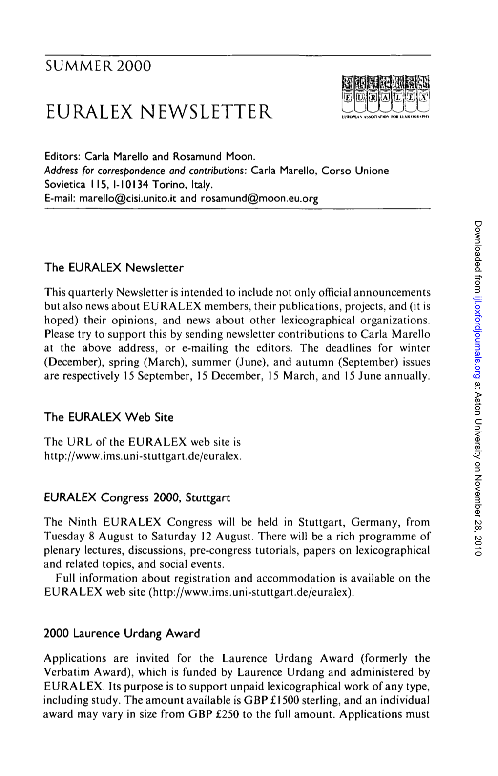 Euralex Newsletter SUMMER 2000