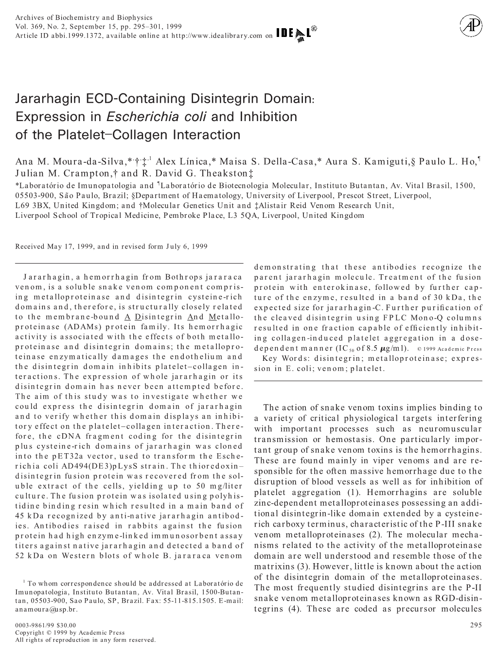 Jararhagin ECD-Containing Disintegrin Domain: Expression in Escherichia Coli and Inhibition of the Platelet–Collagen Interaction