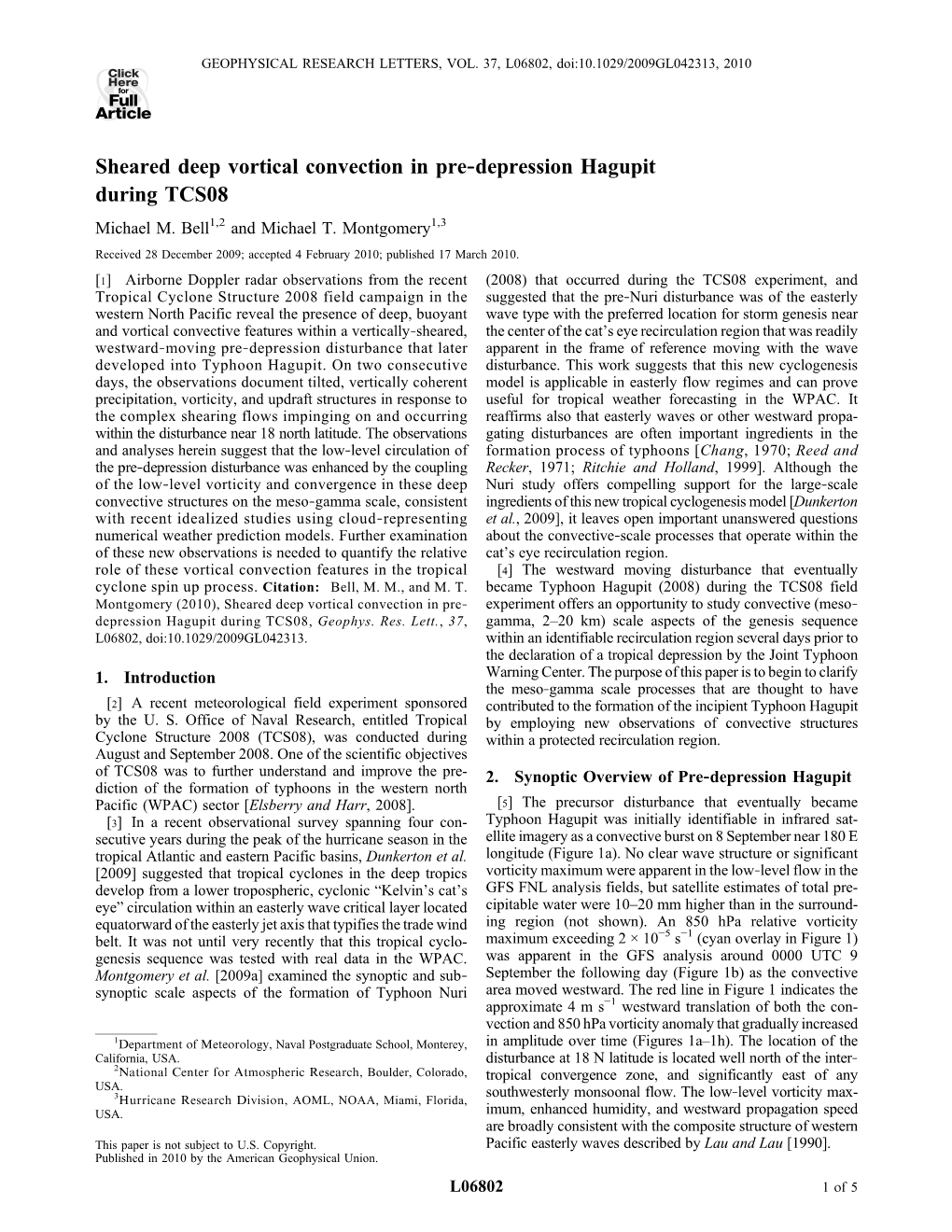 Sheared Deep Vortical Convection in Pre‐Depression Hagupit During TCS08 Michael M