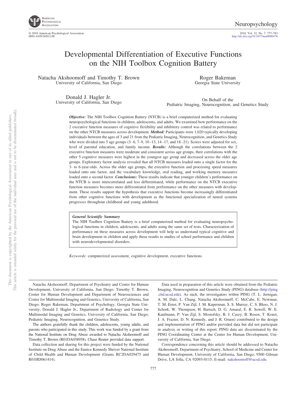 Developmental Differentiation of Executive Functions on the NIH Toolbox Cognition Battery