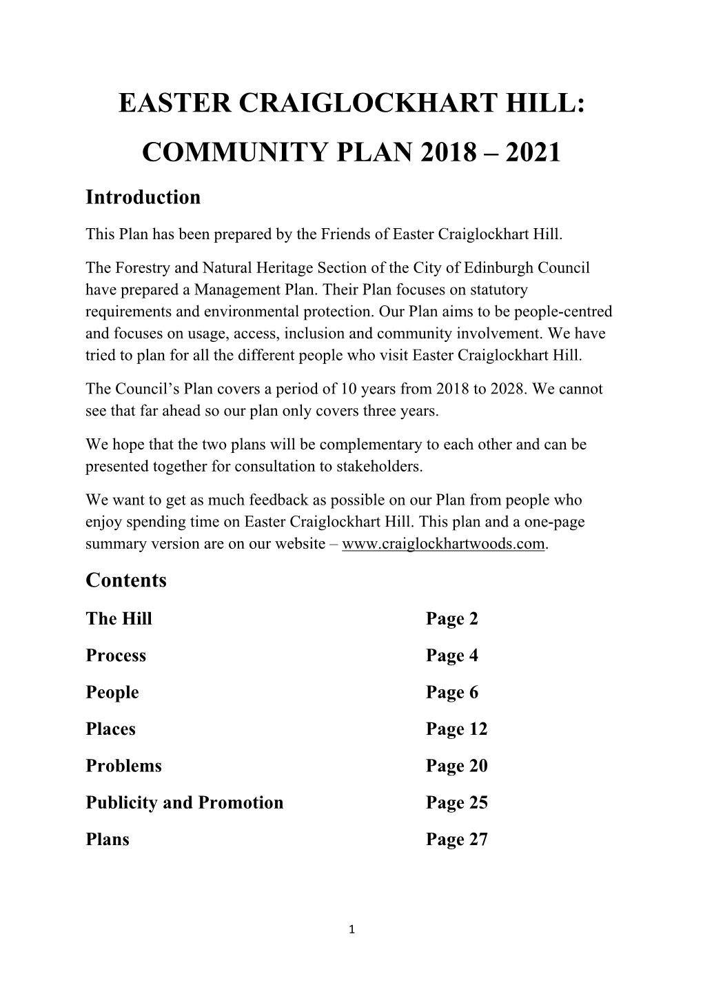 EASTER CRAIGLOCKHART HILL: COMMUNITY PLAN 2018 – 2021 Introduction