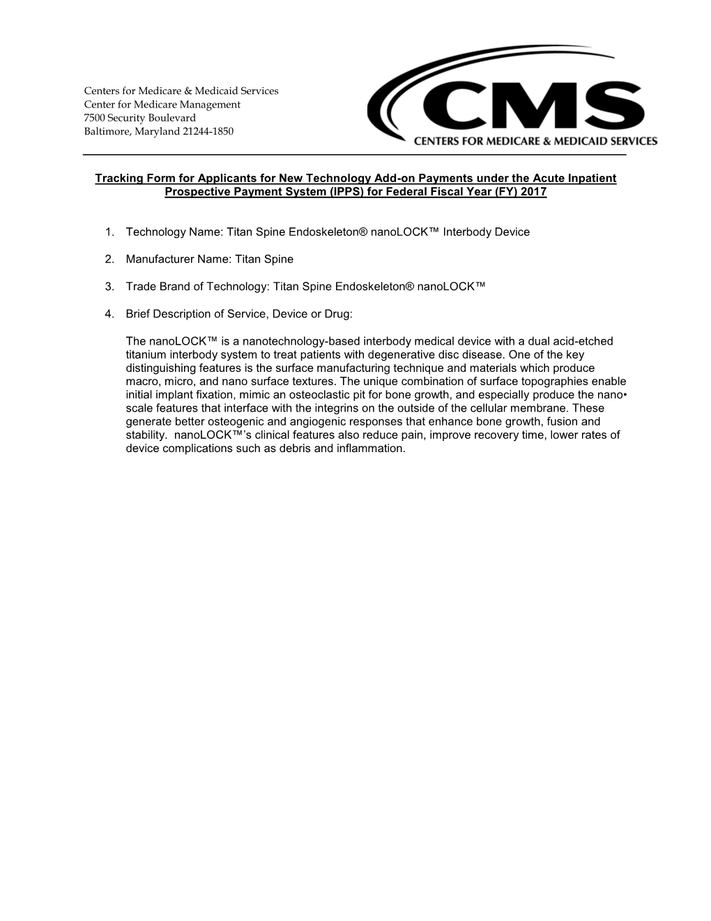 Tracking Form for Applicants for New Technology Add-On Payments Under the Acute Inpatient Prospective Payment System (IPPS) for Federal Fiscal Year (FY) 2017