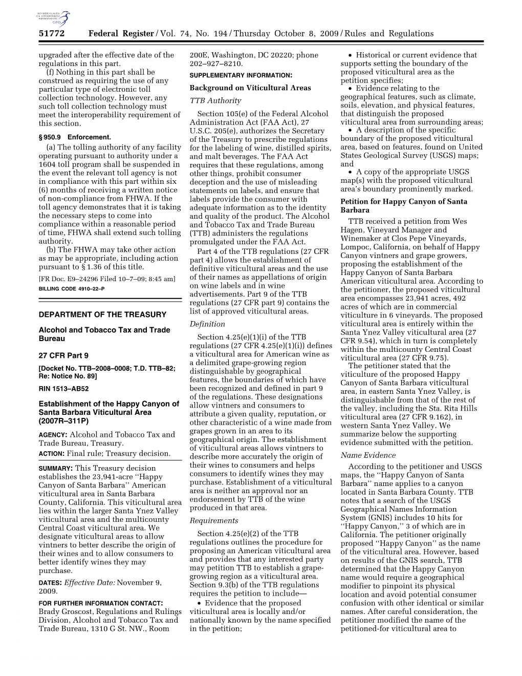 Federal Register/Vol. 74, No. 194/Thursday October 8, 2009