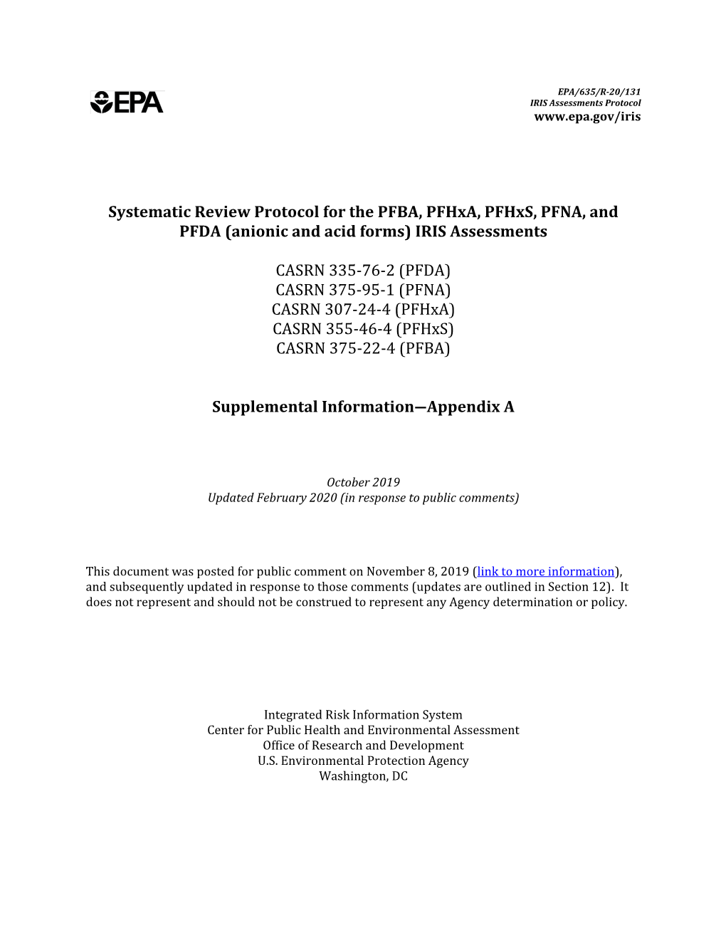 Systematic Review Protocol for the PFBA, Pfhxa, Pfhxs, PFNA, and PFDA (Anionic and Acid Forms) IRIS Assessments