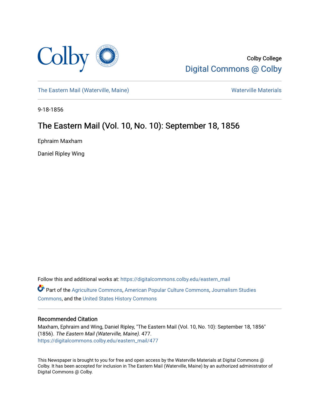 The Eastern Mail (Vol. 10, No. 10): September 18, 1856