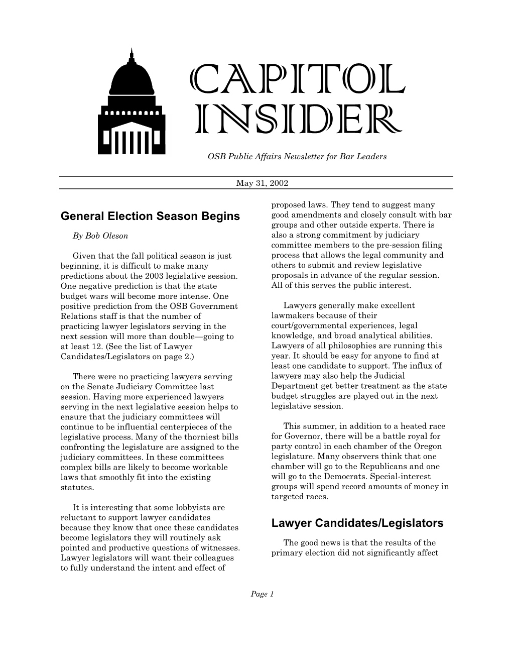 CAPITOL INSIDER OSB Public Affairs Newsletter for Bar Leaders