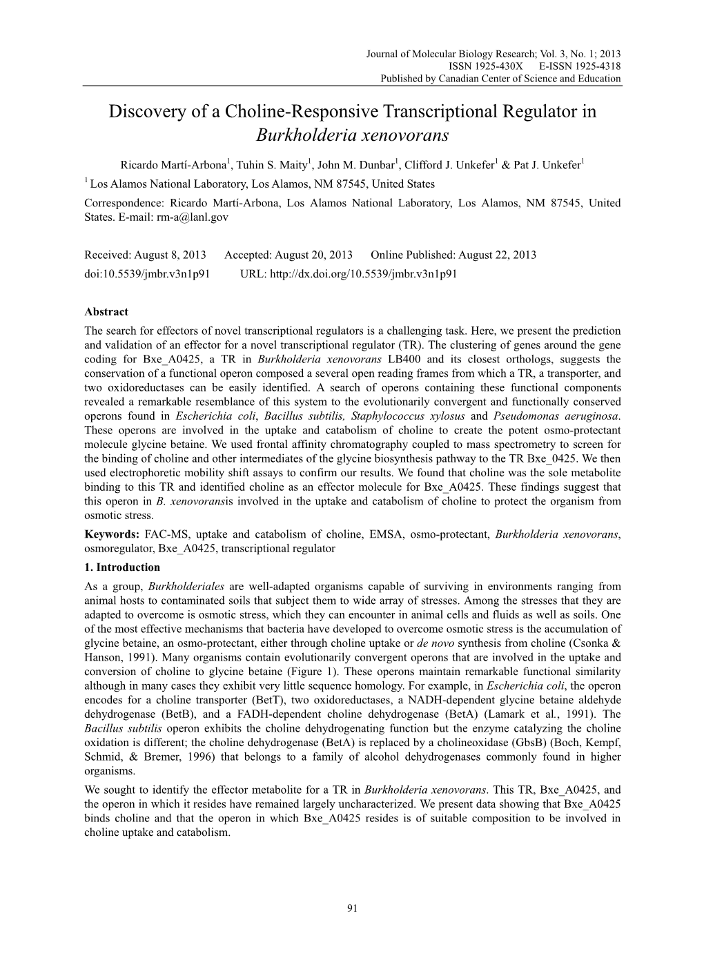 Discovery of a Choline-Responsive Transcriptional Regulator in Burkholderia Xenovorans