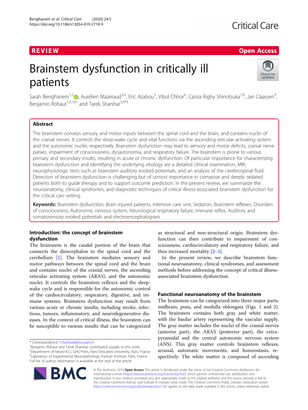 Brainstem Dysfunction in Critically Ill Patients