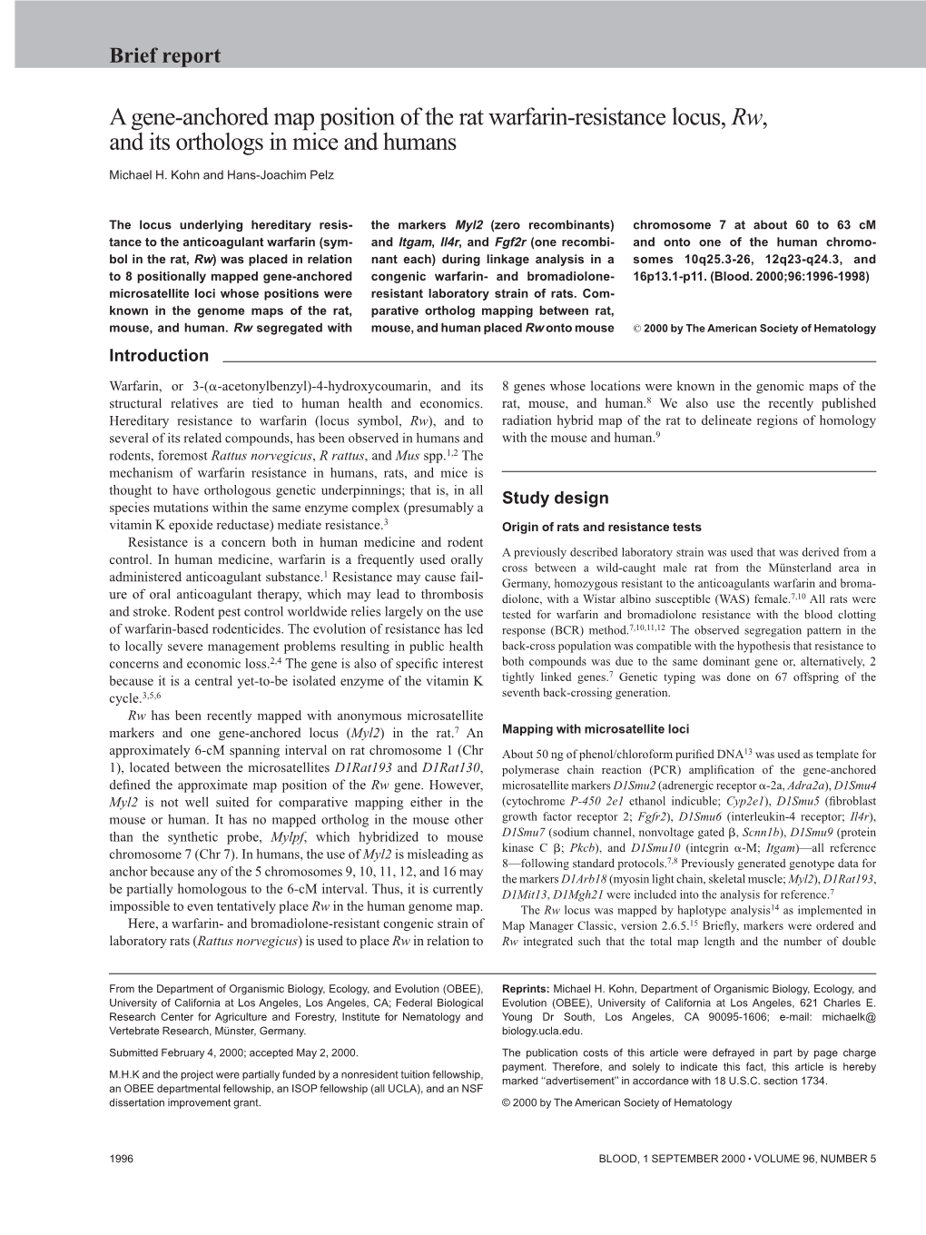 A Gene-Anchored Map Position of the Rat Warfarin-Resistance Locus, Rw, and Its Orthologs in Mice and Humans