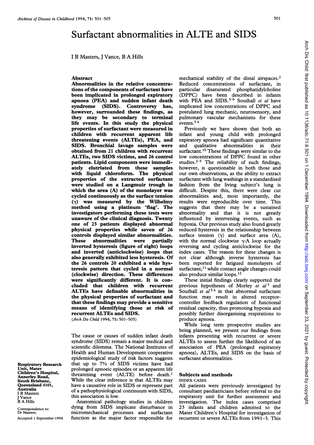 Surfactant Abnormalities in ALTE and SIDS Arch Dis Child: First Published As 10.1136/Adc.71.6.501 on 1 December 1994