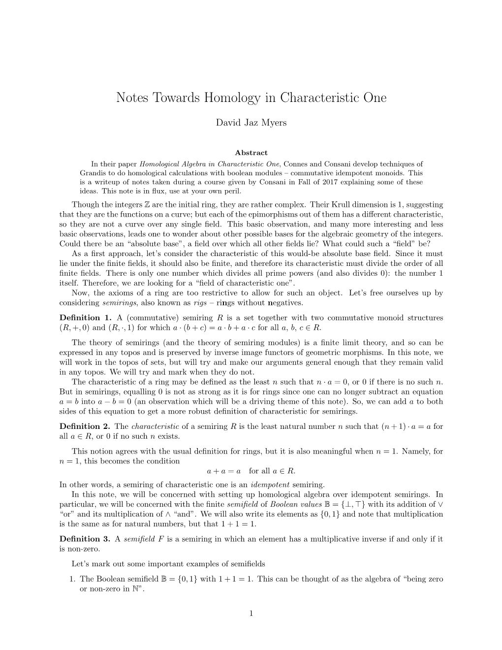 Notes Towards Homology in Characteristic One