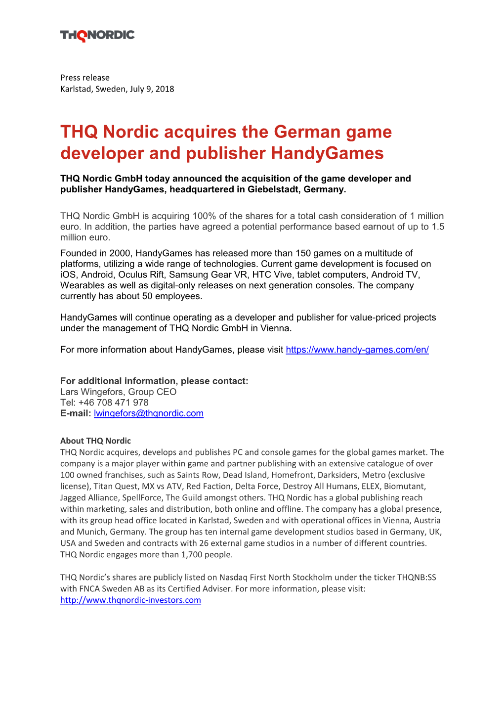 THQ Nordic Acquires the German Game Developer and Publisher Handygames