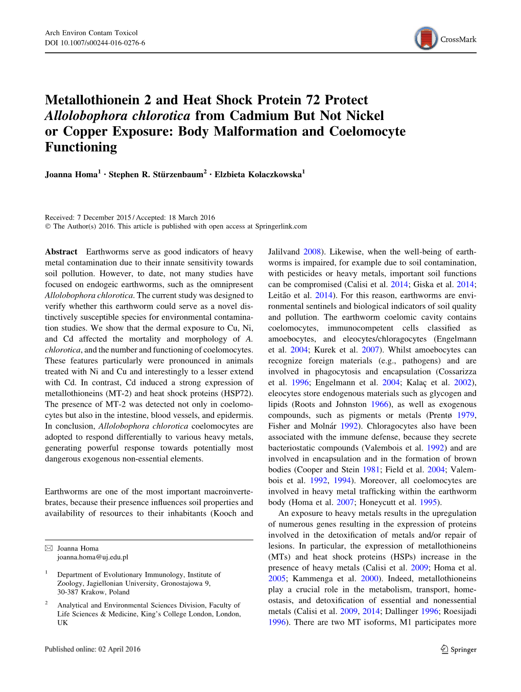 Metallothionein 2 and Heat Shock Protein 72 Protect Allolobophora