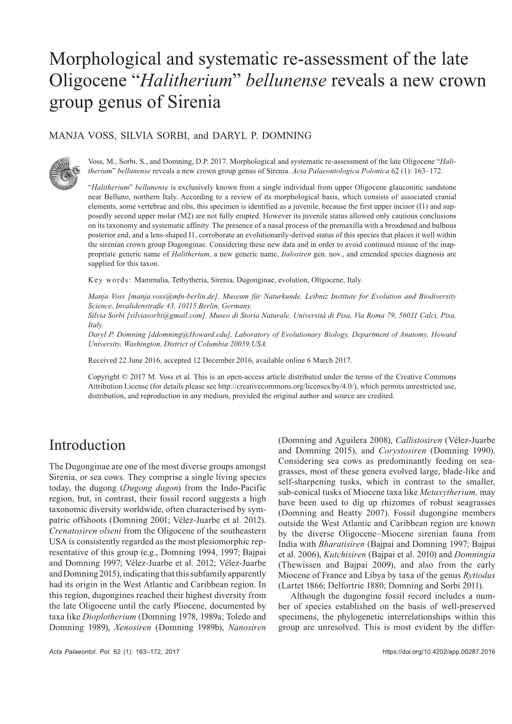 Morphological and Systematic Re-Assessment of the Late Oligocene “Halitherium” Bellunense Reveals a New Crown Group Genus of Sirenia