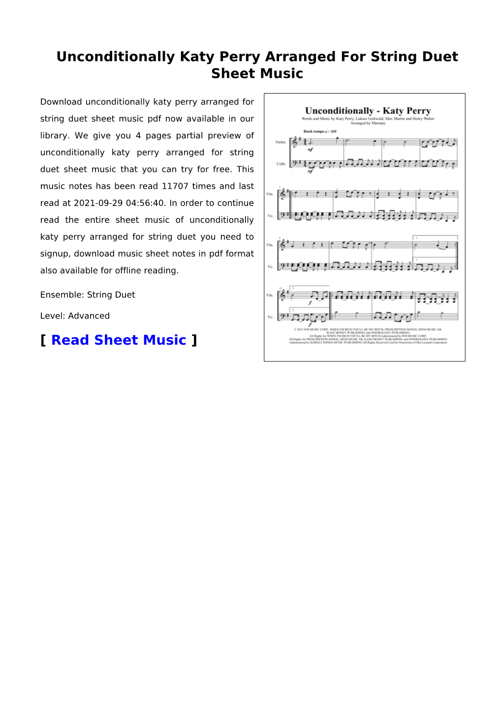 Unconditionally Katy Perry Arranged for String Duet Sheet Music