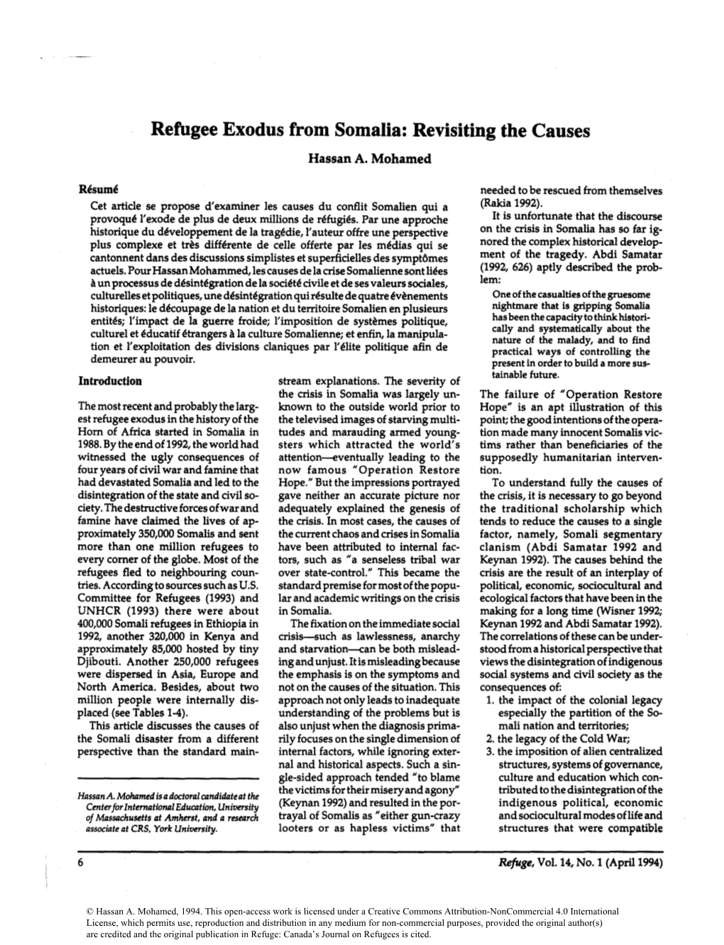 Refugee Exodus from Somalia: Revisiting the Causes Hassan A