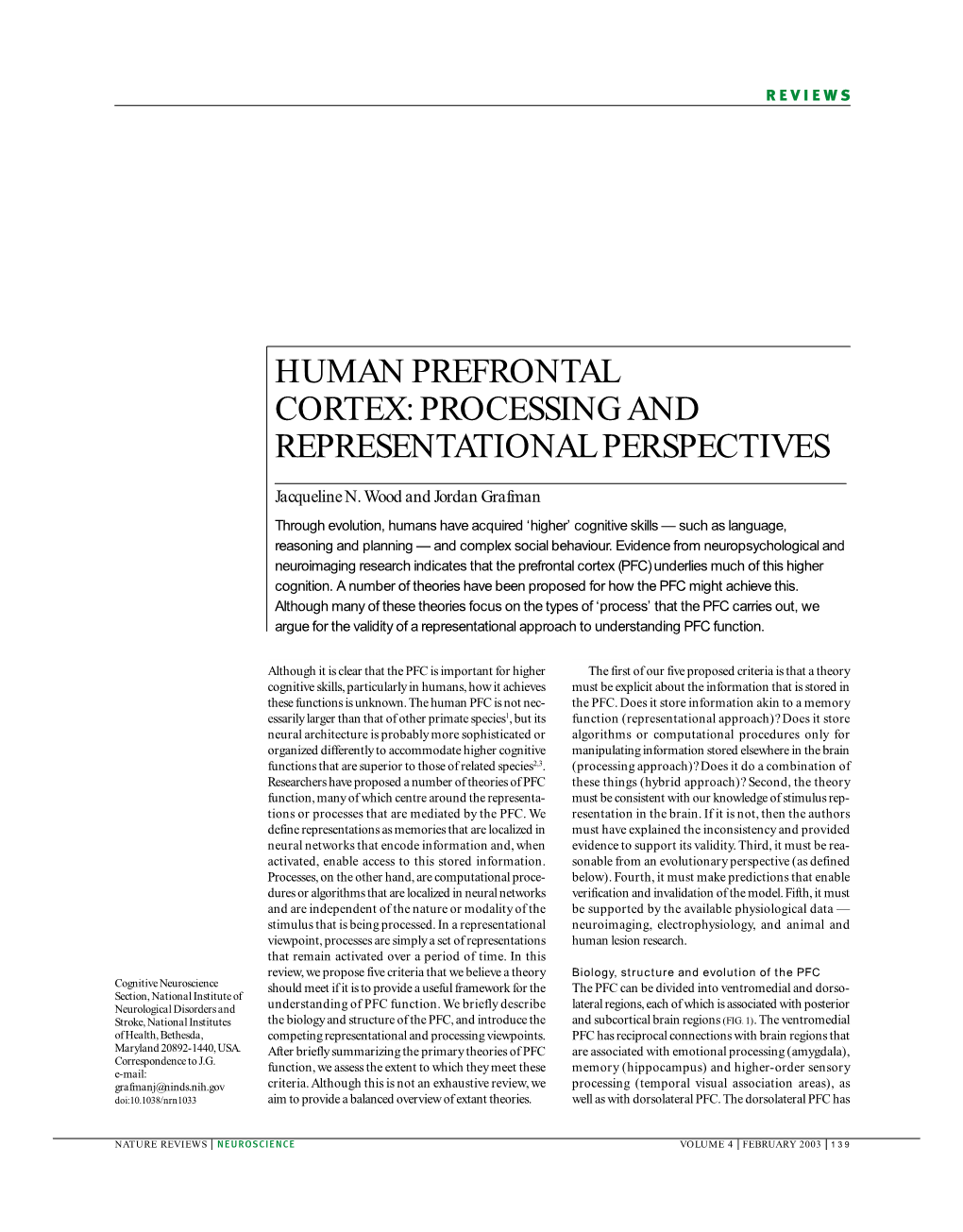 Human Prefrontal Cortex: Processing and Representational Perspectives