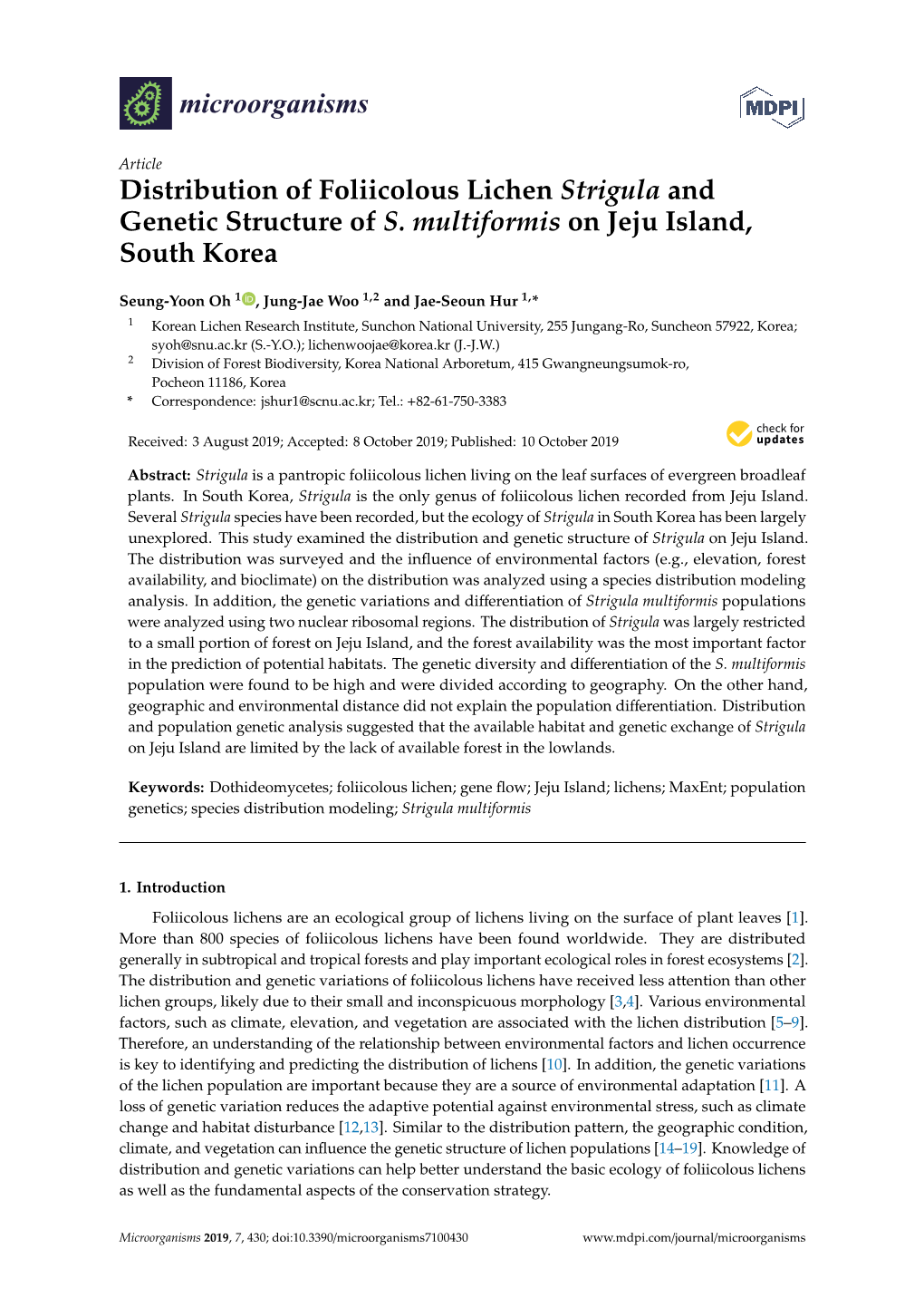 Distribution of Foliicolous Lichen Strigula and Genetic Structure of S. Multiformis on Jeju Island, South Korea