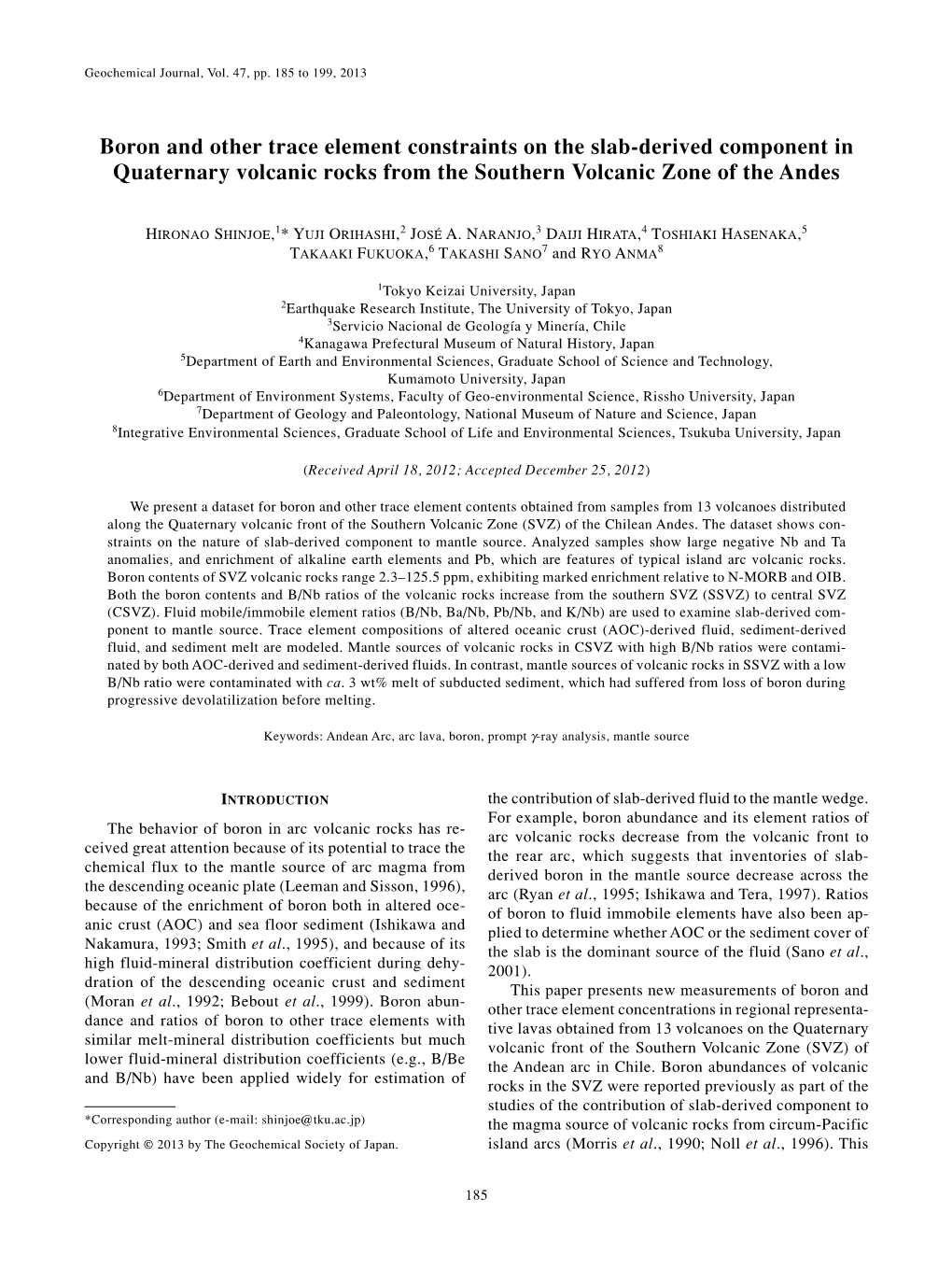 Boron and Other Trace Element Constraints on the Slab-Derived Component in Quaternary Volcanic Rocks from the Southern Volcanic Zone of the Andes