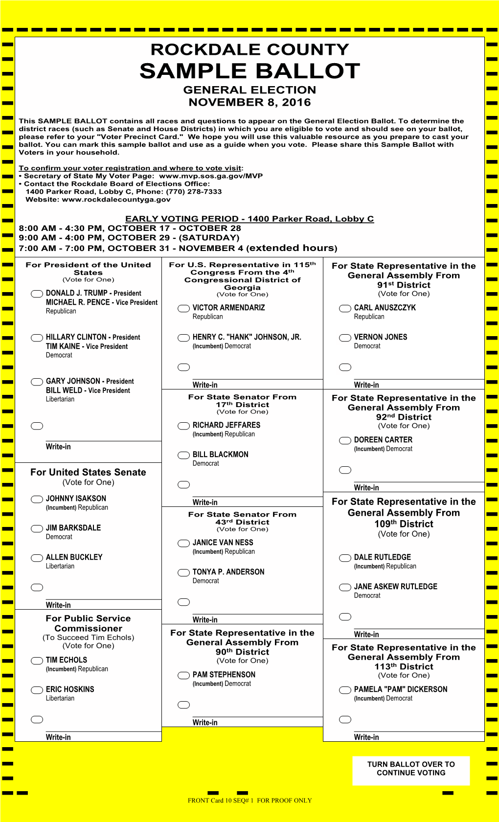 Rockdale County Sample Ballot General Election November 8, 2016