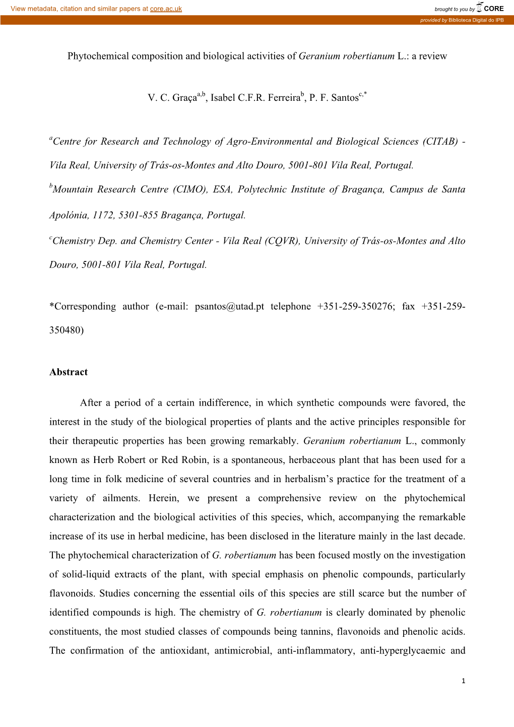 Phytochemical Composition and Biological Activities of Geranium Robertianum L.: a Review