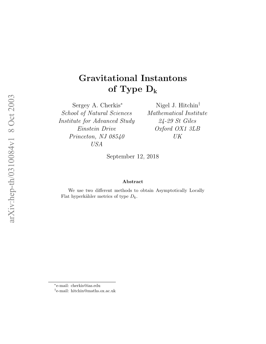 Arxiv:Hep-Th/0310084V1 8 Oct 2003 Gravitational Instantons of Type Dk