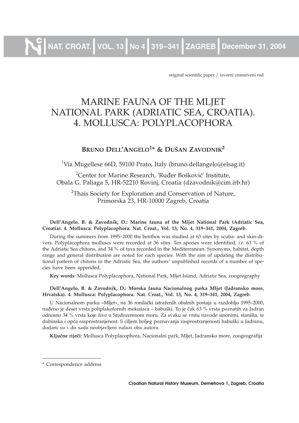 Marine Fauna of the Mljet National Park (Adriatic Sea, Croatia). 4. Mollusca: Polyplacophora