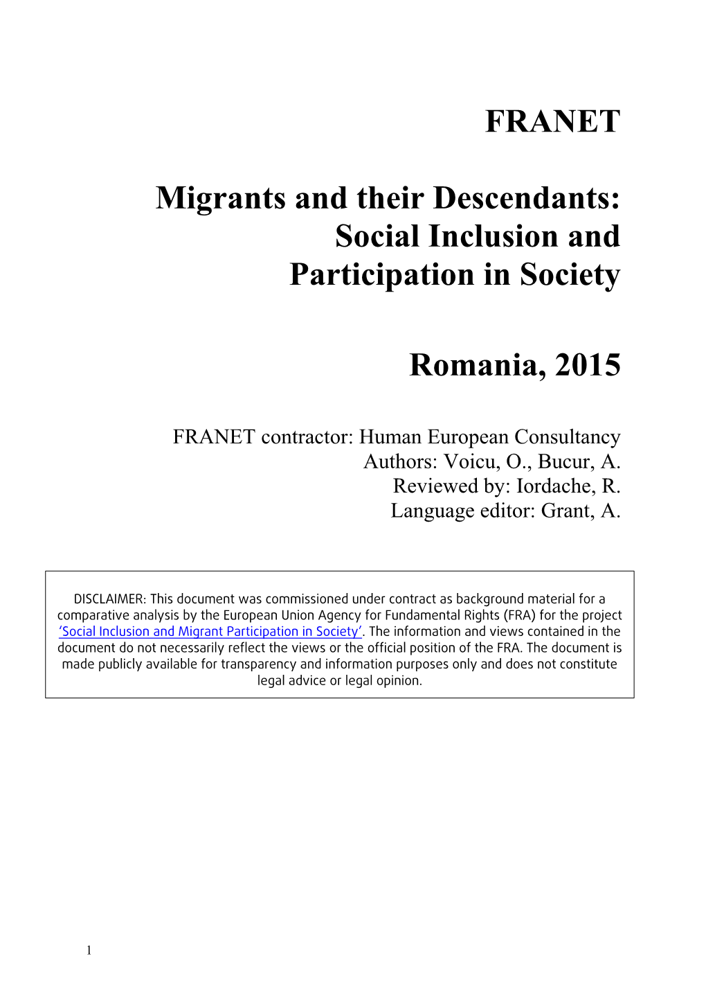 FRANET Migrants and Their Descendants: Social Inclusion And