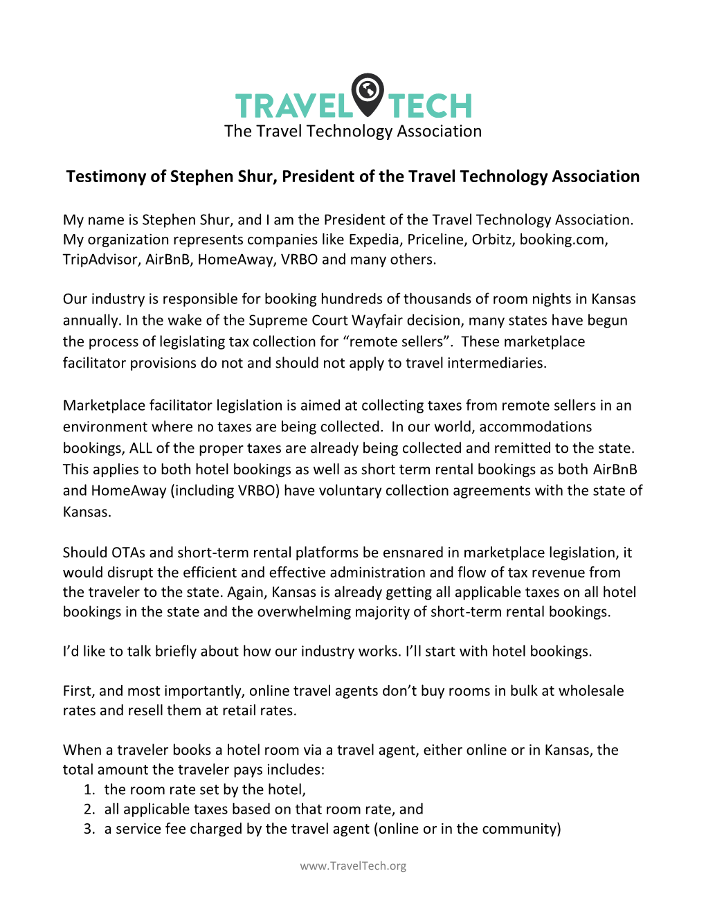 Testimony of Stephen Shur, President of the Travel Technology Association