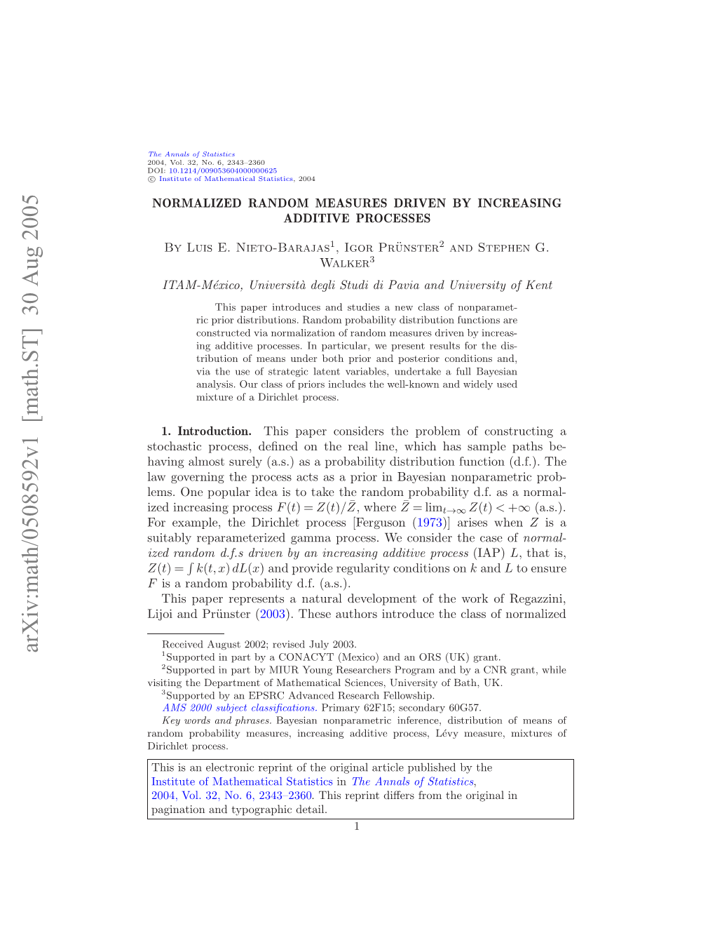 Normalized Random Measures Driven by Increasing Additive Processes