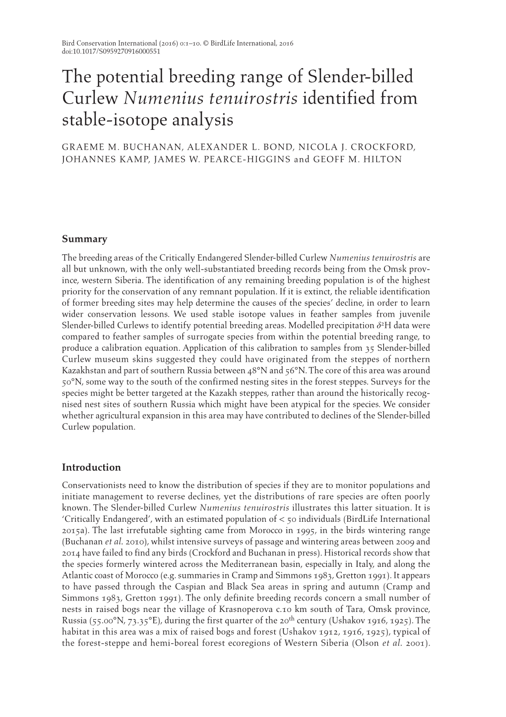 The Potential Breeding Range of Slender-Billed Curlew Numenius Tenuirostris Identified from Stable-Isotope Analysis