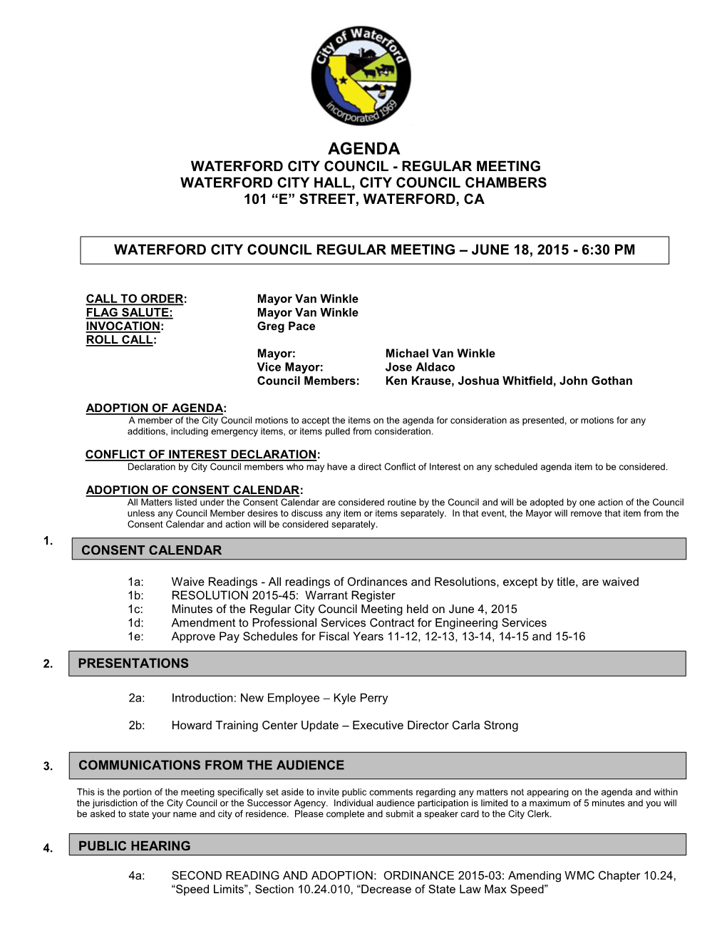 Waterford City Council Regular Meeting – June 18, 2015 - 6:30 Pm