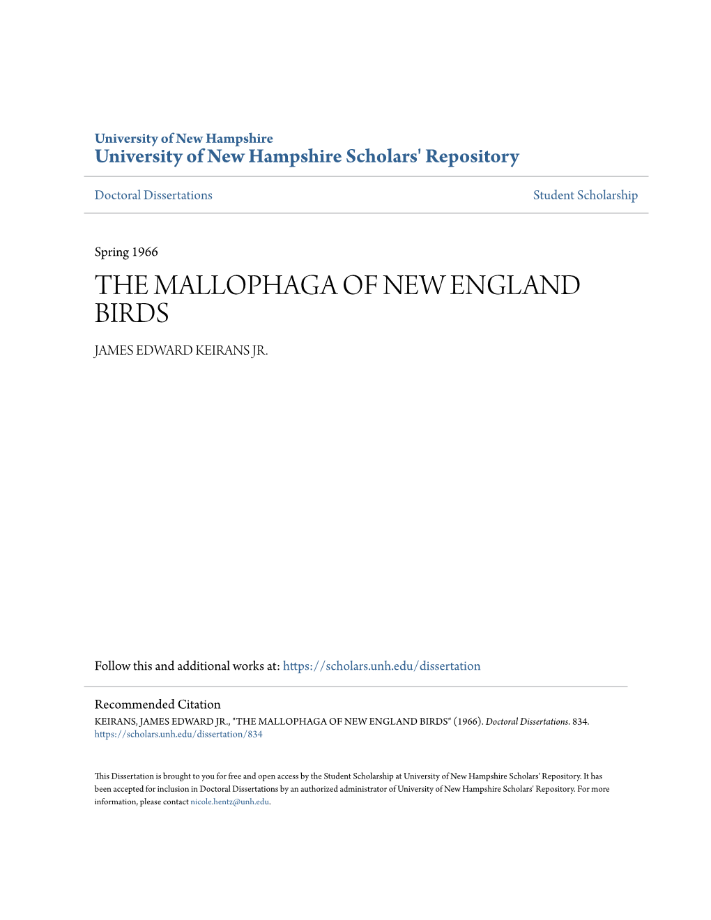 The Mallophaga of New England Birds James Edward Keirans Jr