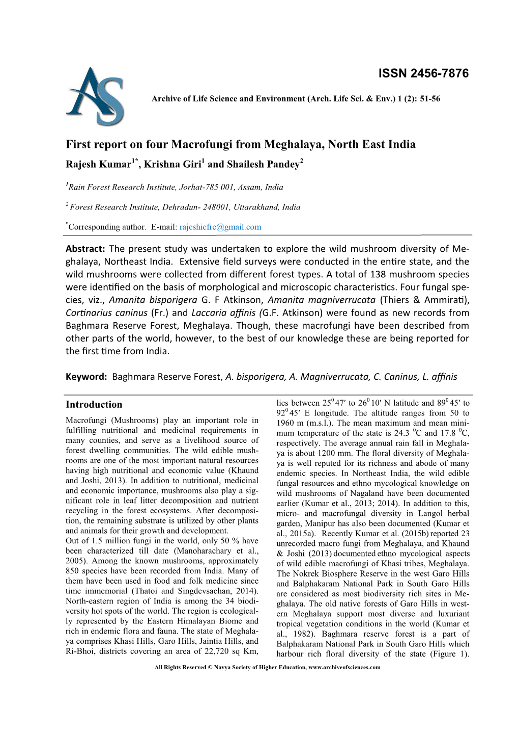 First Report on Four Macrofungi from Meghalaya, North East India ISSN 2456-7876