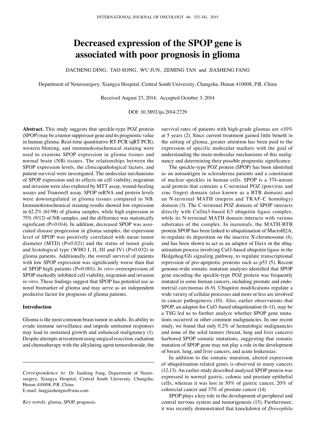 Decreased Expression of the SPOP Gene Is Associated with Poor Prognosis in Glioma