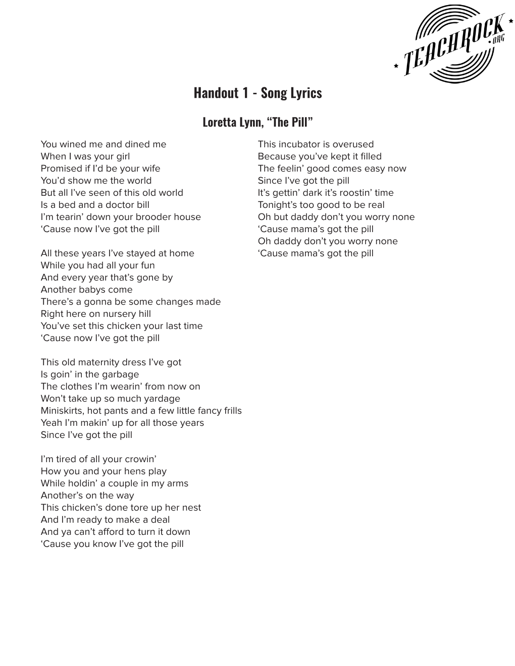 Handout 1 - Song Lyrics