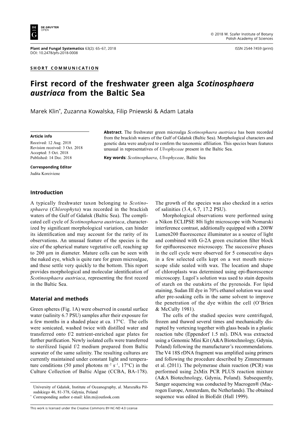 First Record of the Freshwater Green Alga Scotinosphaera Austriaca from the Baltic Sea