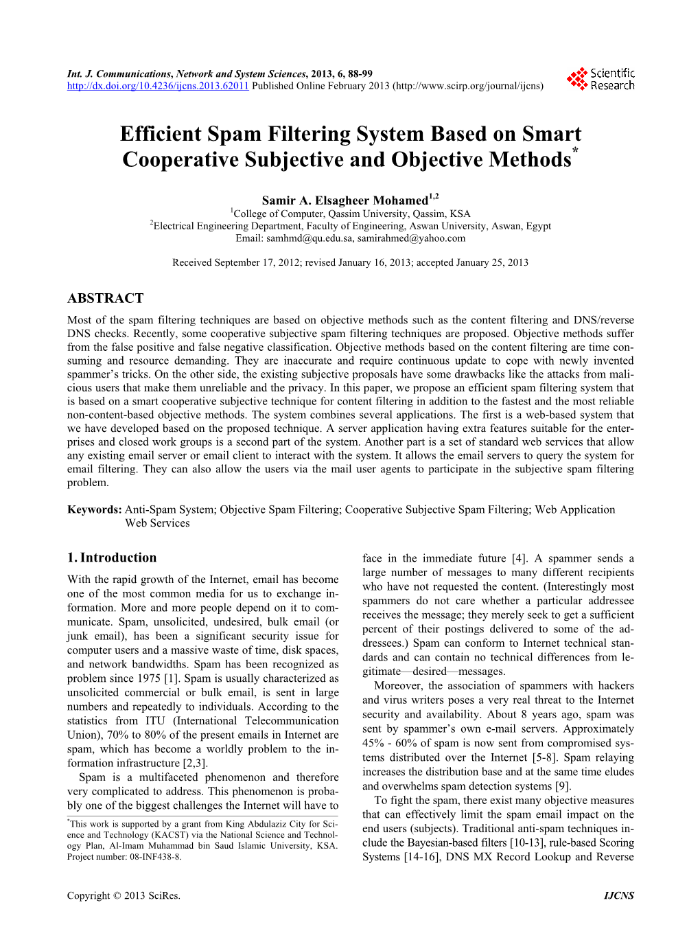 Efficient Spam Filtering System Based on Smart Cooperative Subjective and Objective Methods*