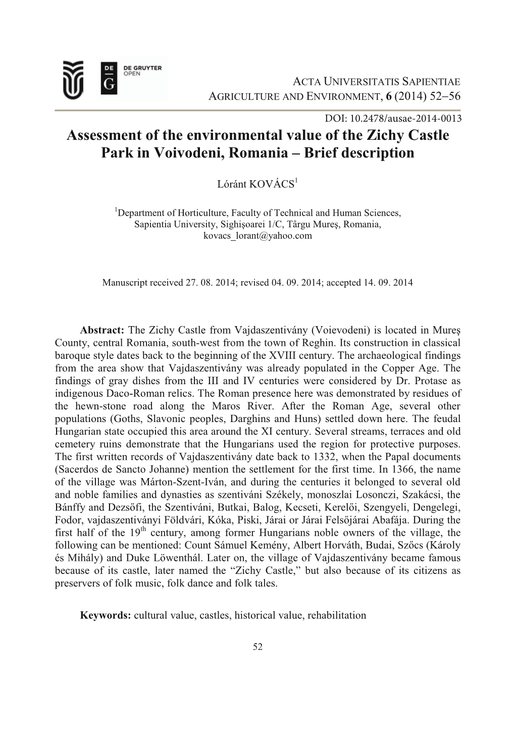 Assessment of the Environmental Value of the Zichy Castle Park in Voivodeni, Romania – Brief Description