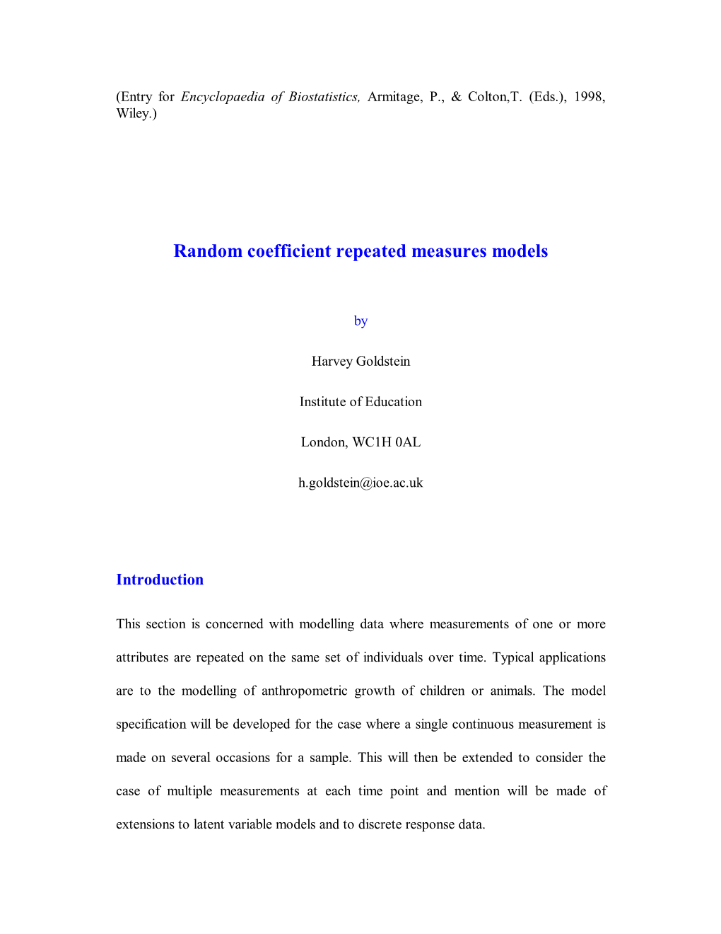 Random Coefficient Repeated Measures Models