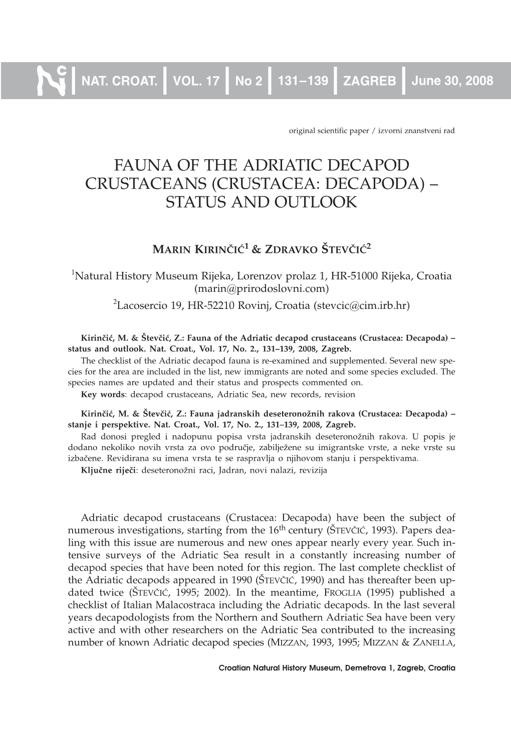 Fauna of the Adriatic Decapod Crustaceans (Crustacea: Decapoda) – Status and Outlook