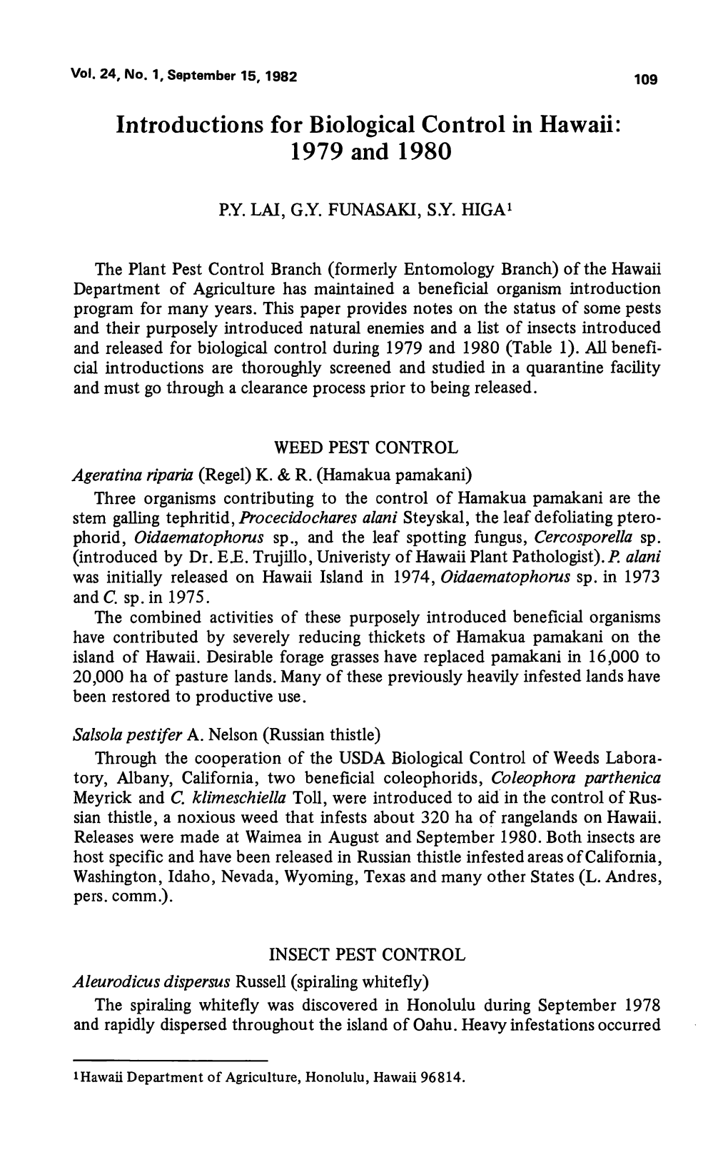 Introductions for Biological Control in Hawaii: 1979 and 1980