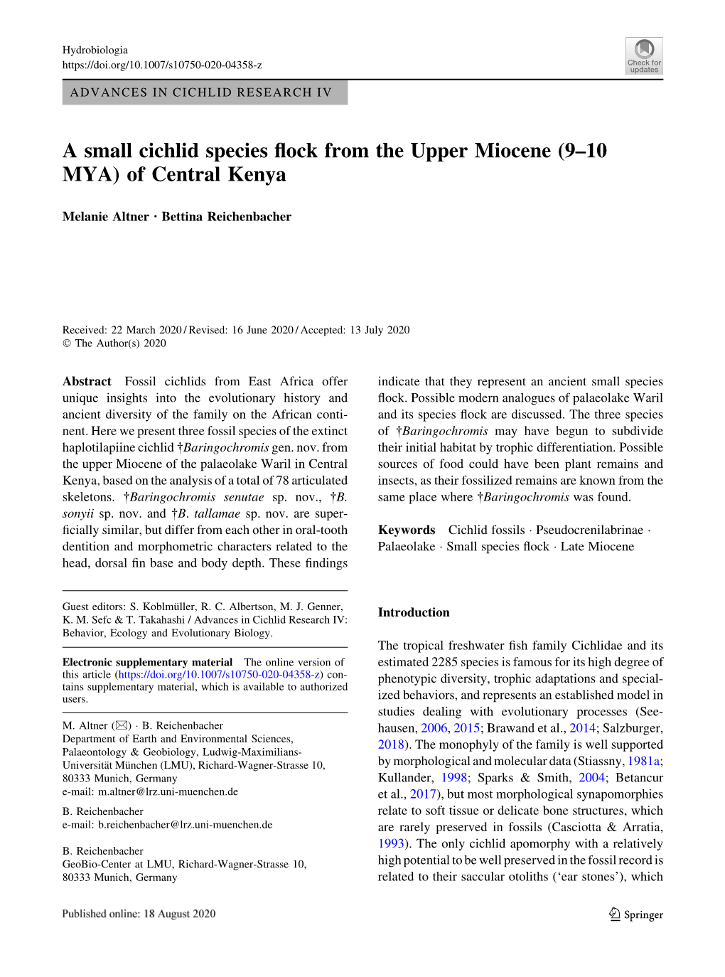 A Small Cichlid Species Flock from the Upper Miocene (9–10 MYA)