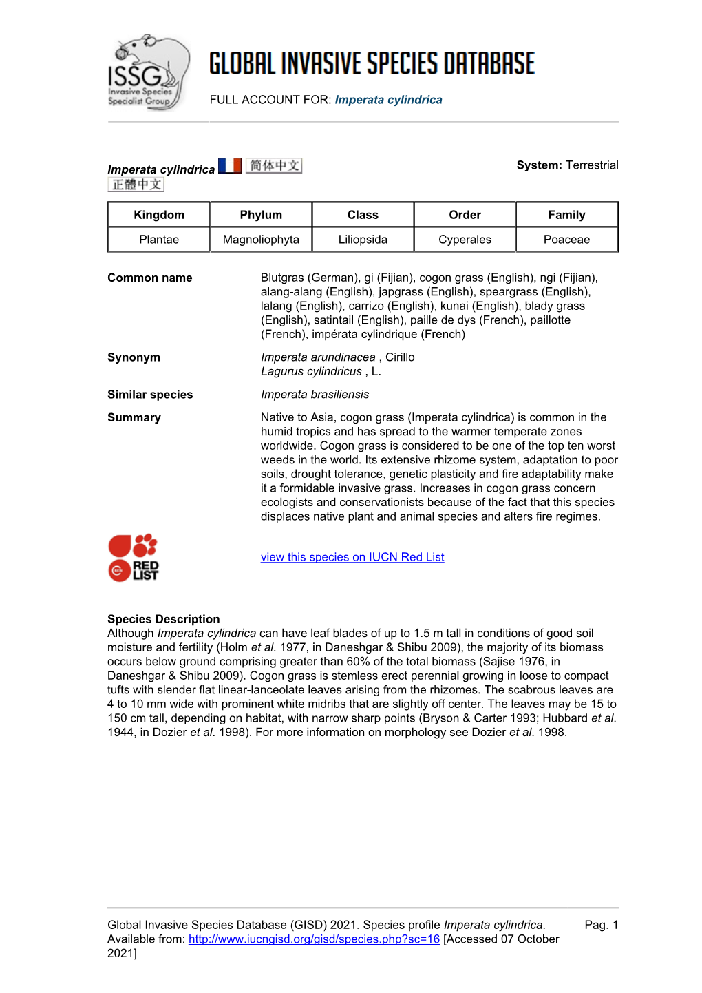 (GISD) 2021. Species Profile Imperata Cylindrica. Availab